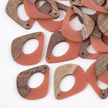 Resin & Walnut Wood Pendants, Two Tone, teardrop, Dark Salmon, 32.5x27.5x2.5~4mm, Hole: 1.5mm