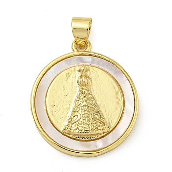 Rack Plating Brass Pave Shell Flat Round Pendants, Real 18K Gold Plated, Lead Free & Cadmium Free, Long-Lasting Plated, Bell, 22.5x20x4mm, Hole: 6x3.5mm