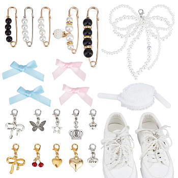 Alloy & Polyester Pendant Decoration & Brooch Shoes Decoration Sets, Mixed Color, 21~90mm, 34pcs/set