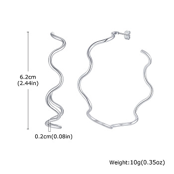 Wavy 304 Stainless Steel Stud Earrings, Stainless Steel Color, 62mm