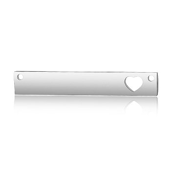 201 Stainless Steel Links Connectors, Manual Polishing, Rectangle with Heart, Stainless Steel Color, 36x6x1.7mm, Hole: 1.4mm
