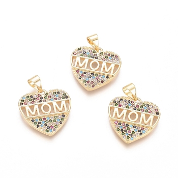 Brass Micro Pave Cubic Zirconia Pendants, Heart with Word MOM, For Mother's Day, Colorful, Golden, 19x18.5x2.5mm, Hole: 3.5x4.5mm