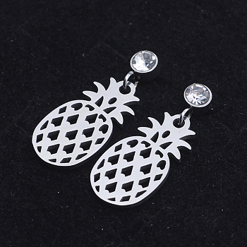 201 Stainless Steel Dangle Stud Earrings, with Clear Cubic Zirconia, Pineapple, Stainless Steel Color, 23mm, Pin: 0.8mm