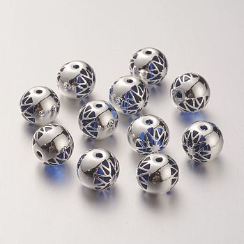K9 Glass Beads, Covered with Brass, Round with Flower Pattern, 925 Sterling Silver Plated, Medium Blue, 10.2x9.2mm, Hole: 1.5mm