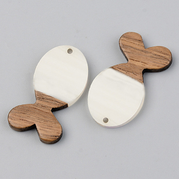 Opaque Resin & Walnut Wood Pendants, Fish, Floral White, 38x22x3mm, Hole: 2mm