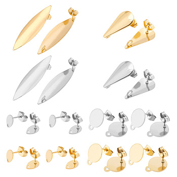 32Pcs 8 Style 304 Stainless Steel Stud Earring Findings, with Loop, Teardrop & Flat Round & Horse Eye, Golden & Stainless Steel Color, 8~39x5~10mm, Hole: 1~3mm, Pin: 0.8mm, 4pcs/style