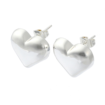 Heart Brass Stud Earrings, Long-Lasting Plated, Silver, 16x18mm