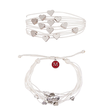 Multi String Cord Bracelet with Initial Letter M Charm, Heart Adjustable Bracelet for Women, White, Inner Diameter: 1-3/4~3-1/4 inch(4.5~8.2cm)