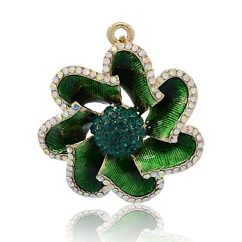 Golden Tone Alloy Rhinestone Enamel Flower Pendants, Emerald, 46x40x12mm, Hole: 3mm