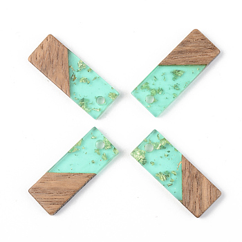 Transparent Resin & Walnut Wood Pendants, with Gold Foil, Rectangle, Pale Turquoise, 23x8.5x3mm, Hole: 2mm