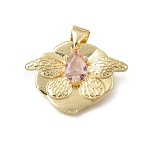 Brass Glass Pendants, Butterfly Charm, Cadmium Free & Lead Free, Rack Plating, Long-Lasting Plated, Real 18K Gold Plated, Pink, 16x23x4mm, Hole: 3.5x5.5mm(CU-E002-12G)