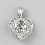 Rhodium Plated 925 Sterling Silver Heart Bead Cage Pendants, Hollow Heart Cage Charms, Anti-Tarnish, Platinum, 19x13x8mm, Hole: 4.5x2.5mm(STER-WH0061-53P)