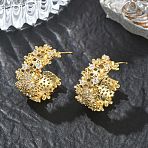 C-Shaped Brass & Clear Cubic Zirconia Stud Earrings, Lace-Textured for Women, Real 18K Gold Plated, 19x10.5mm(KK-CBA36A2-02G)