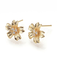 Brass Ear Studs, with Rhinestone, Flower, Nickel Free, Real 18K Gold Plated, 12x11mm, pin: 0.8mm(KK-S333-04G)