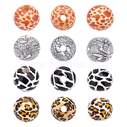 40Pcs 4 Style Printed Natural Wooden Beads, Round with Mixed Print Pattern, Mixed Color, 13x12mm, hole: 3mm(WOOD-FH0001-67)