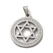 304 Stainless Steel with Rhinestone Pendants, Hexagram, Stainless Steel Color, 25x22x2mm, Hole: 6x3.4mm(STAS-O005-27P)