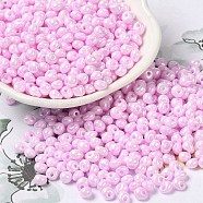 6/0 Glass Seed Beads, Opaque Colours Luster, Teardrop, Pearl Pink, 4.5~5x4x3~3.5mm, Hole: 0.9mm, about 5625Pcs/Pound(SEED-M012-01A-08)