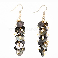 Natural Black Lip Shell Dangle Earrings, Cluster Earrings, with Shell Pearl Beads and Brass Earring Hoops, Flat Round, Real 18K Gold Plated, 67x13mm, Pin: 0.6mm(X1-EJEW-JE04371)
