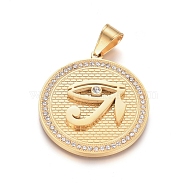 Ion Plating(IP) 304 Stainless Steel Pendants, with Crystal Rhinestone, Flat Round with Eye of Ra/Re, Golden, 48.5x44x5.5mm, Hole: 7.5x11.5mm(STAS-E485-02G)