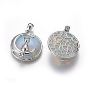Opalite Kitten Pendants, with Brass Findings, Flat Round with Cat & Crescent Moon Shape, Platinum, 32x28~29x10~10.5mm, Hole: 4x6mm(G-E517-A02)