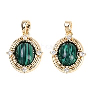 Synthetic Malachite Oval Pendants, Brass Clear Cubic Zirconia Charms, Real 18K Gold Plated, 18x15x4.5mm, Hole: 3.5x2.5mm(KK-U043-44G-A)