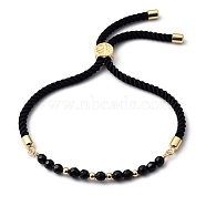 Adjustable Slider Bracelets, Nylon Cord Bracelets, with Natural Black Agate Beads and Brass Beads, Golden, Inner Diameter: 3/4 inch~3-3/4 inch(2~9.5cm)(BJEW-JB05460-03)