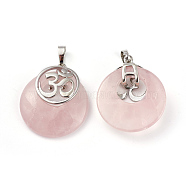 Natural Rose Quartz Pendants, with Platinum Tone Brass Findings, Flat Round with Om Symbol, 32~32.5x28x7~7.5mm, Hole: 5x8mm(KK-F751-L-A12)
