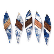 Transparent Resin & Walnut Wood Big Pendants, Leaf Charms, Royal Blue, 53x11.5x3mm, Hole: 1.8mm(RESI-ZX017-65)