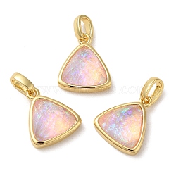 Rack Plating Brass with Synthetic Opal Pendants, Triangle, Pink, 15x12.5x6mm, Hole: 5mm(KK-S370-10G-02)