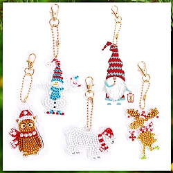 Christmas Theme DIY Diamond Painting Keychain Kit, Including Acrylic Board, Keychain Clasp, Bead Chain, Resin Rhinestones Bag, Diamond Sticky Pen, Tray Plate and Glue Clay, Mixed Shapes, 100x30mm, 5pcs/set(DRAW-PW0007-07I)