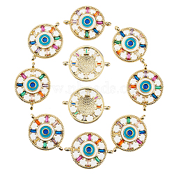 10Pcs Brass Colorful Cubic Zirconia Connector Charms, with Enamel, Flat Round with Evil Eye, Golden, 17x23x3.5mm, Hole: 1.2mm(FIND-HY0001-22)