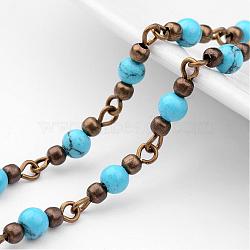 Handmade Round Synthetic Turquoise Beads Chains for Necklaces Bracelets Making, with Iron Eye Pin, Unwelded and Brass Spacer Beads, Antique Bronze, Deep Sky Blue, 39.37 inch(1m)(AJEW-JB00244-02)