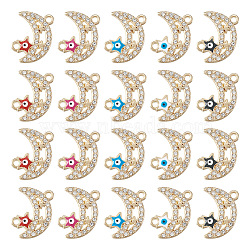 20Pcs 5 Colors Moon Alloy Enamel Connector Charms, Evil Eye Star Links, with Crystal Rhinestone, Light Gold, Mixed Color, 19.5x16x2mm, Hole: 1.8mm, 4pcs/color(FIND-TA0002-19)