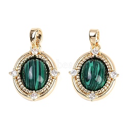 Synthetic Malachite Oval Pendants, Brass Clear Cubic Zirconia Charms, Real 18K Gold Plated, 18x15x4.5mm, Hole: 3.5x2.5mm(KK-U043-44G-A)