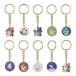 Water Plant Elf Series Alloy Enamel Pendant Keychains, with Iron Keychain Ring, Mixed Shapes, Golden, 7.9~8.2cm(KEYC-JKC00600)