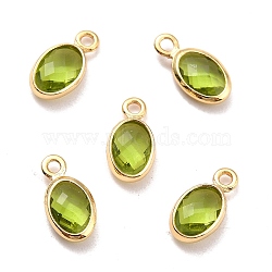 Eco-Friendly Brass with Glass Pendants,  Long-Lasting Plated, Lead Free & Cadmium Free & Nickel Free, Oval, Real 18K Gold Plated, Olive, 9x4.5x2mm, Hole: 1.2mm(KK-K268-01V)