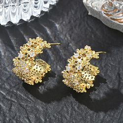 C-Shaped Brass & Clear Cubic Zirconia Stud Earrings, Lace-Textured for Women, Real 18K Gold Plated, 19x10.5mm(KK-CBA36A2-02G)