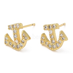 Rack Plating Brass Anchor Stud Earrings with Cubic Zirconia, Lead Free & Cadmium Free, Real 18K Gold Plated, 9x11mm(EJEW-D061-17G)