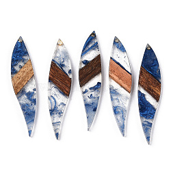 Transparent Resin & Walnut Wood Big Pendants, Leaf Charms, Royal Blue, 53x11.5x3mm, Hole: 1.8mm(RESI-ZX017-65)