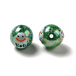 AB Color Transparent Crackle Acrylic Round Beads, Halloween Ghost Beads, with Enamel, Dark Green, 19.5x20.5mm, Hole: 3mm(OACR-A013-03E)