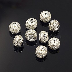 Brass Rhinestone Beads, Grade A, Silver Color Plated, Clear, Barrel, about 10mm in diameter, 9mm long, hole: 1.5mm(X-RB-9X10)
