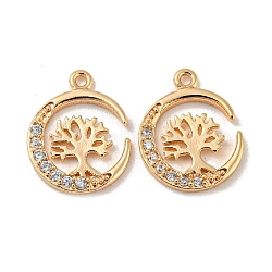 Brass Micro Pave Clear Cubic Zirconia Pndants, Moon with Tree of Life, Real 18K Gold Plated, 12x10x1.5mm, Hole: 0.9mm(ZIRC-R113-02G)