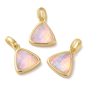 Rack Plating Brass with Synthetic Opal Pendants, Triangle, Pink, 15x12.5x6mm, Hole: 5mm