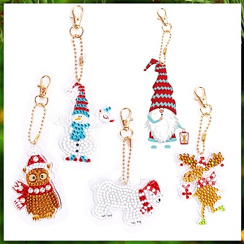 Christmas Theme DIY Diamond Painting Keychain Kit, Including Acrylic Board, Keychain Clasp, Bead Chain, Resin Rhinestones Bag, Diamond Sticky Pen, Tray Plate and Glue Clay, Mixed Shapes, 100x30mm, 5pcs/set