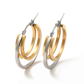 Two Tone 304 Stainless Steel Triple Circle Hoop Earrings for Women, Golden & Stainless Steel Color, 33x32x6mm, Pin: 1x0.6mm