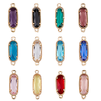 48Pcs 12 Colors Golden Plated Brass Pave Glass Connector Charms, Faceted Oval Links, Mixed Color, 22x7x3.5mm, Hole: 0.5mm, 4pcs/style