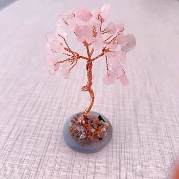 Natural Rose Quartz Tree of Life Feng Shui Ornaments, Home Display Decorations, with Agate Slice, 40x35x80mm