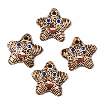 Handmade Porcelain Big Pendants, Star with Face, Sandy Brown, 52x51.5x12mm, Hole: 5mm