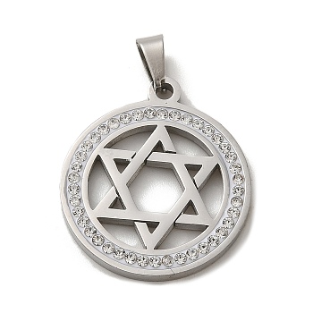 304 Stainless Steel with Rhinestone Pendants, Hexagram, Stainless Steel Color, 25x22x2mm, Hole: 6x3.4mm