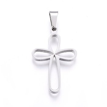 Non-Tarnish 304 Stainless Steel Pendants, Cut-Out, with Hollow, Cross, Stainless Steel Color, 29.5x19x2.2mm, Hole: 6x4mm